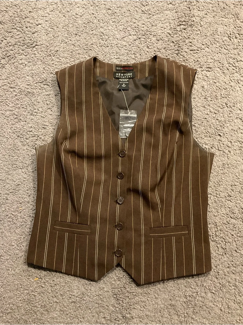 New York & Company Striped Brown Button Up Dress Vest Y2K Suit Work sz 4